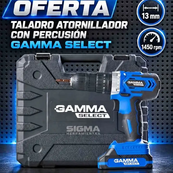 Taladro Atornillador Percutor 13mm 2 Baterías Maletín GAMMA