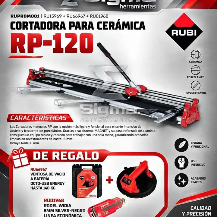 Cortadora manual de porcelanato y ceramica rubi (capacidad de corte 120 cm) incluye ventosa y rodel
