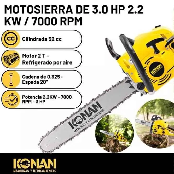 Motosierra de 3.0 Hp 2.2 KW Espada de 20" / 7000 rpm konan