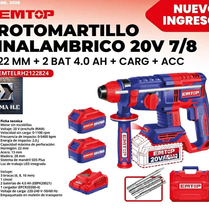 Rotomartillo Inalambrico 20v + Bateria Y Accesorios Emtop