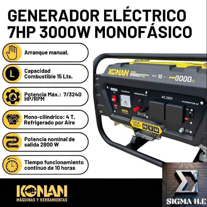 Generador eléctrico de 7hp 3000w monofásico KONAN