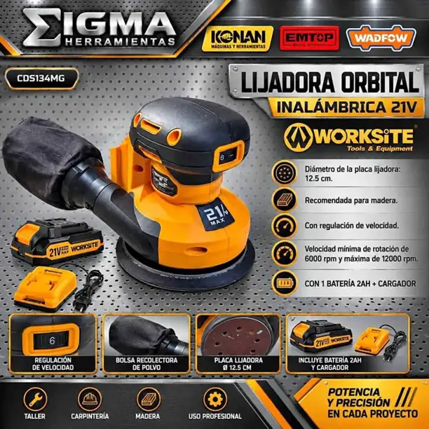 Lijadora Orbital A Bateria Inalambrica 12000 Rpm 125mm Worksite