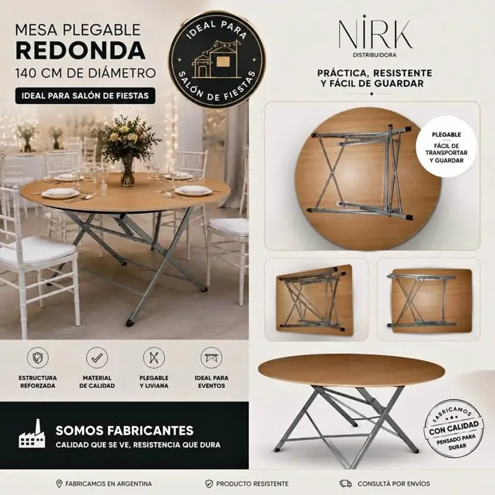 Mesa redonda plegable 1.40 cm de diámetro ideal para salón de fiestas. Somos fabricantes