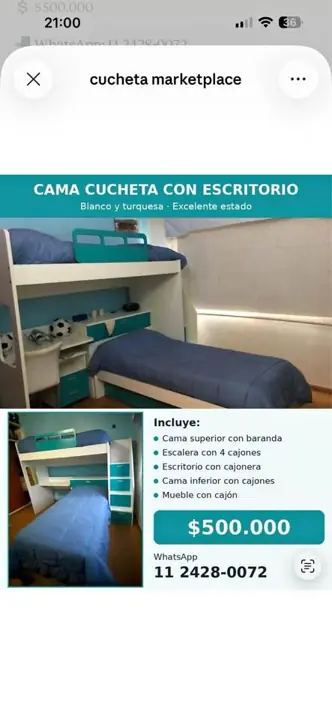 Cama cucheta con escritorio y cajones – Blanco y turquesa