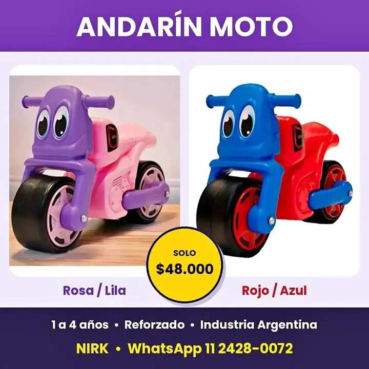 Andarín Moto Infantil Reforzado 1 a 4 Años – Rosa/Lila y Rojo/Azul