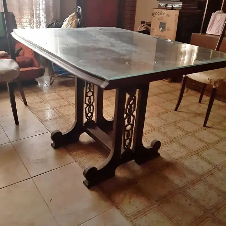 Comedor Chippendale 4 Sillas + Mesa con Vidrio - Madera Maciza Nogal Oscuro - para Restaurar