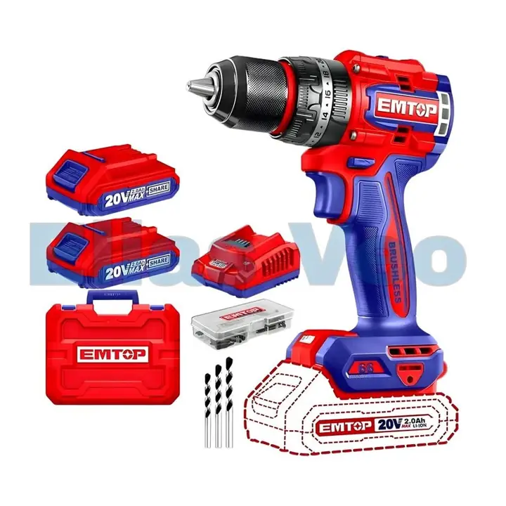 Kit maletin Taladro Percutor 66nm Inalambrico 20v Emtop