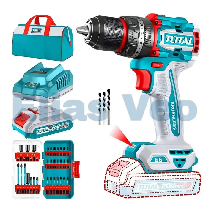 Kit Bolso Taladro Percutor 66nm Inalambrico con 31 puntas destornillador Total