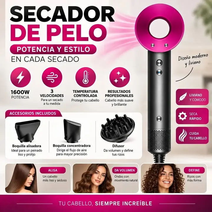 Secador de pelo incluye accesorios