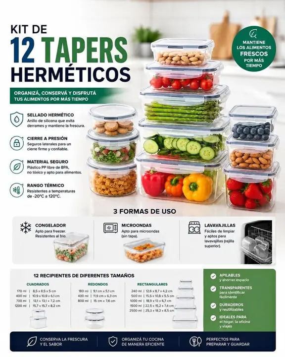 Set X12 tuppers hermeticos de plastico pp