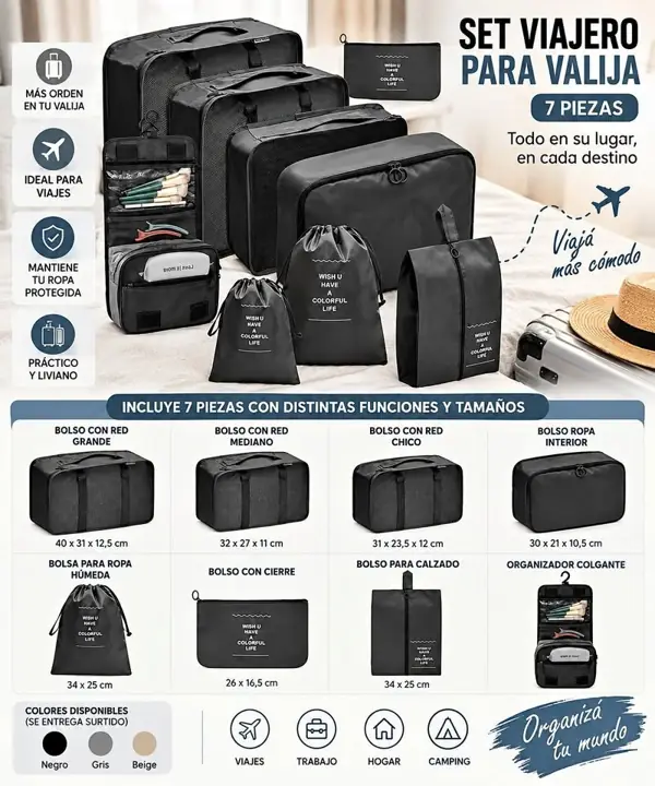 Organizador de valija kit 7 piezas