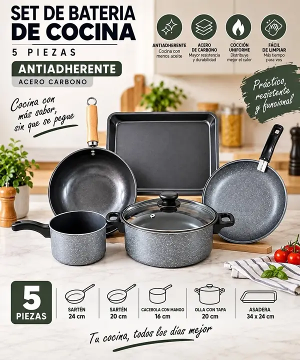 Set 5 piezas antiadherente acero carbon