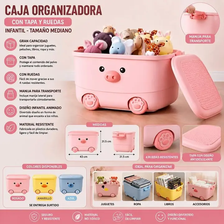 Caja organizadora con tapa y ruedas infantil