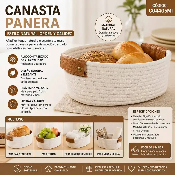 Canasta panera blanca algodón 28 21 10.5CM