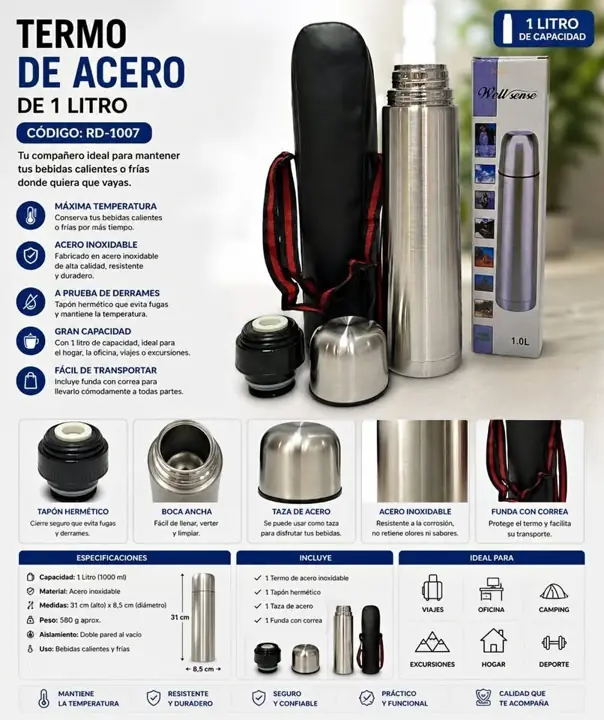 Termo bala 1 litro caja roja RD-1007 frio-calor