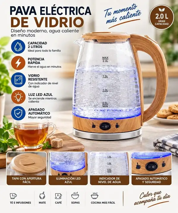 Pava electrica vidrio y madera corte mate - Kanji