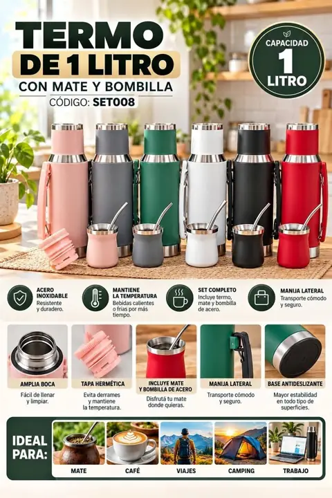 Termo 1 litro incluye bombilla y mate
