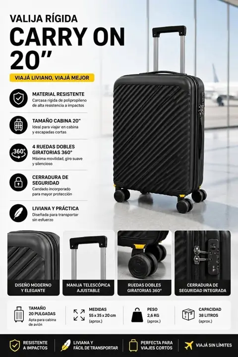 Valija carry on 20" rigida negra