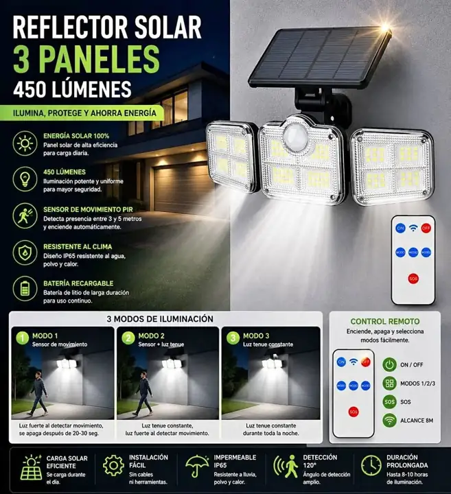 Reflector solar exterior 3 paneles con cable