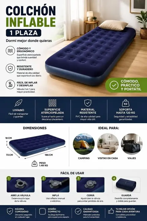 Colchon inflable 1 plaza azul ZX22-1