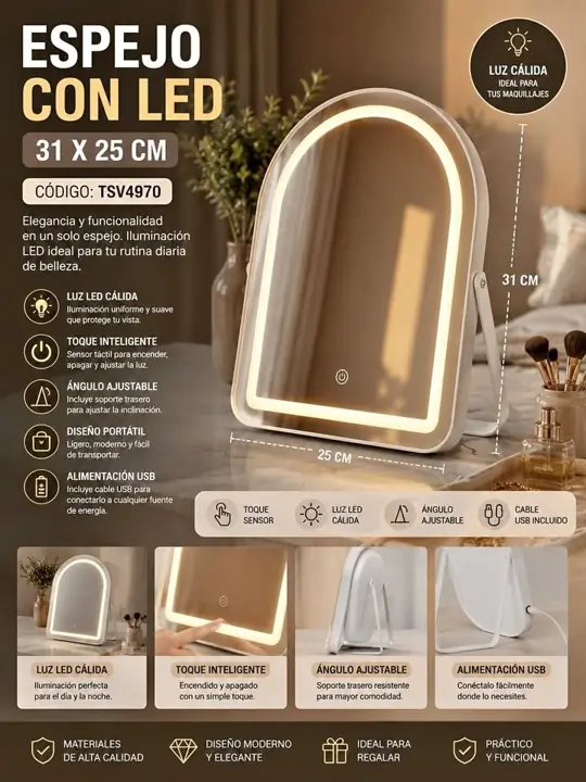 Espejo con led 31 x 25 curvo blanco tsv4970
