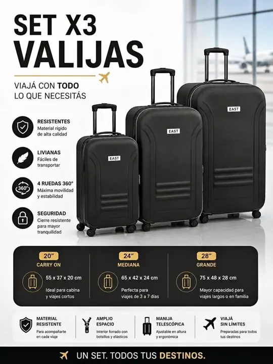Set X3 valijas 20 24 28 EVA trolley negro FG1341LG