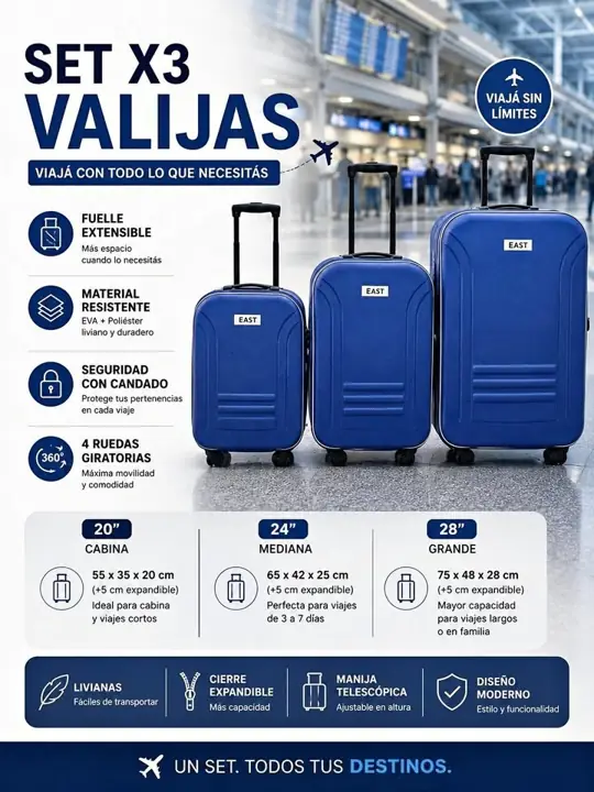 Set X3 valijas 20 24 28 EVA trolley azul FG1341LG