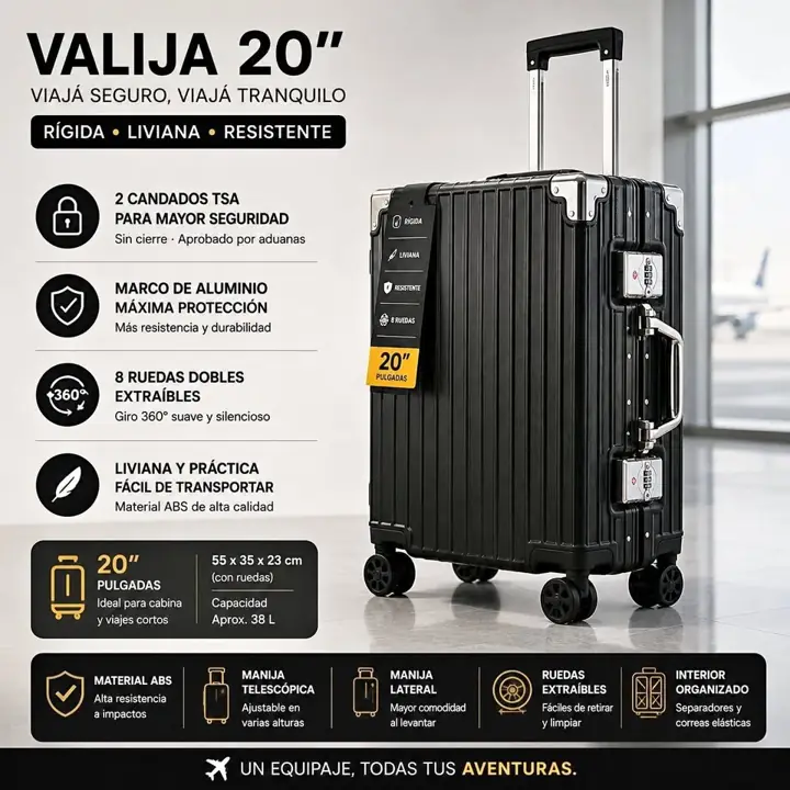 Valija carry on negro rigida metal ABS