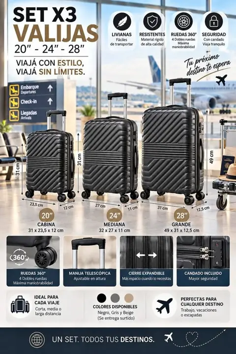 Set X3 valijas 20 - 24 - 28 - rigidas negra