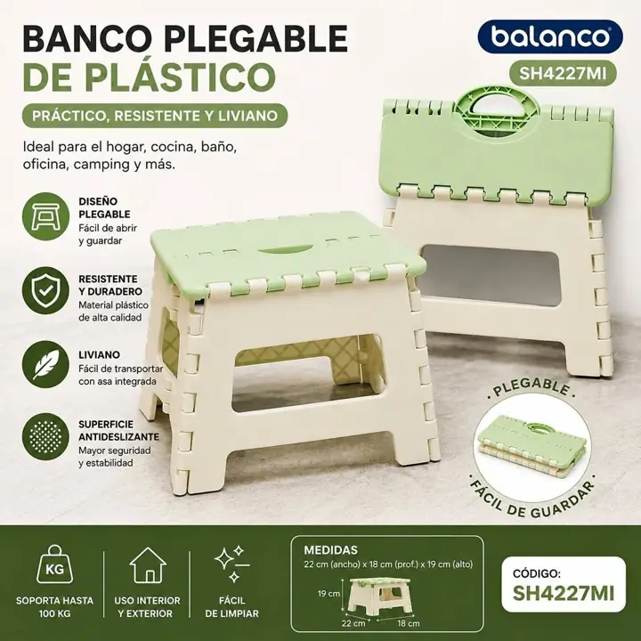 Banco plegable plastico balanco y verde 22X18X19