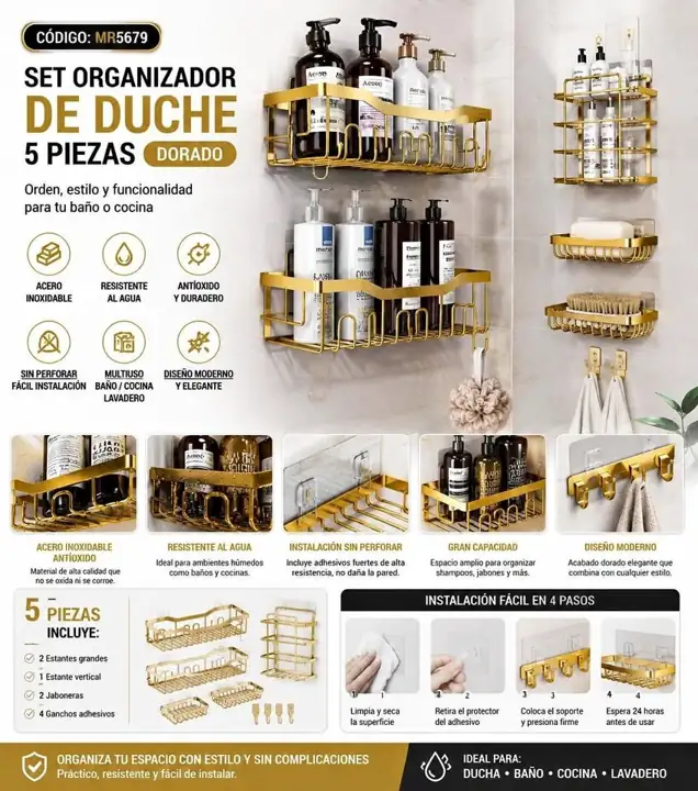 Set organizador de ducha dorado