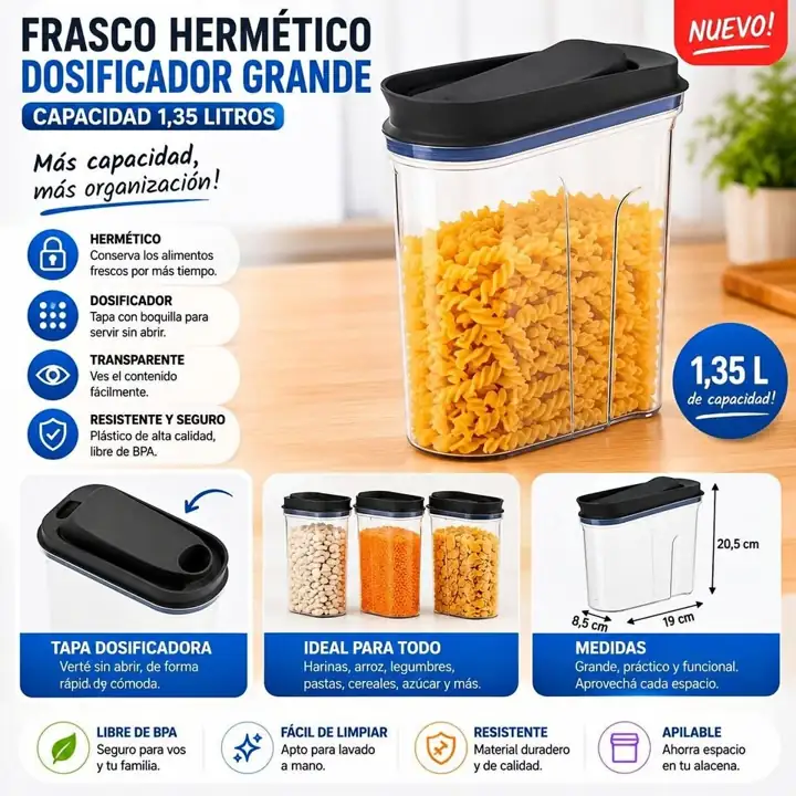 Frasco hermetico dosificador grande negro 1,35LTS