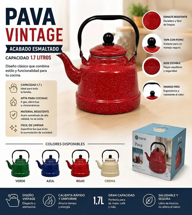 Pava vintage con acabado esmaltado 1,7 lts