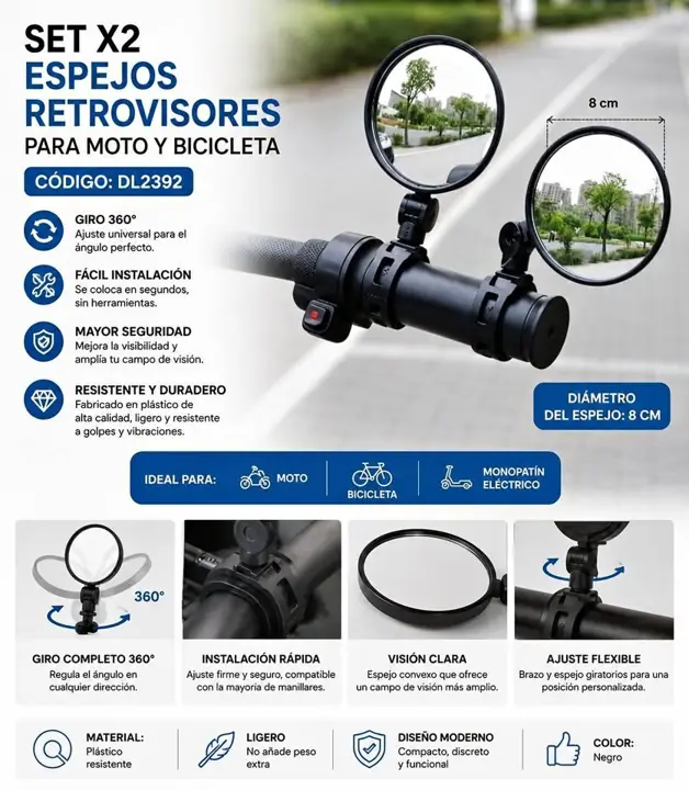 Set X2 espejos retrovisor para moto- bici 8CM