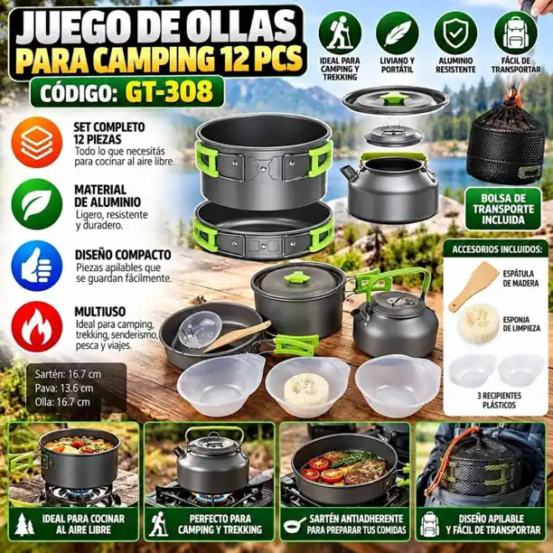 Juego ollas de aluminio para camping 12 pcs
