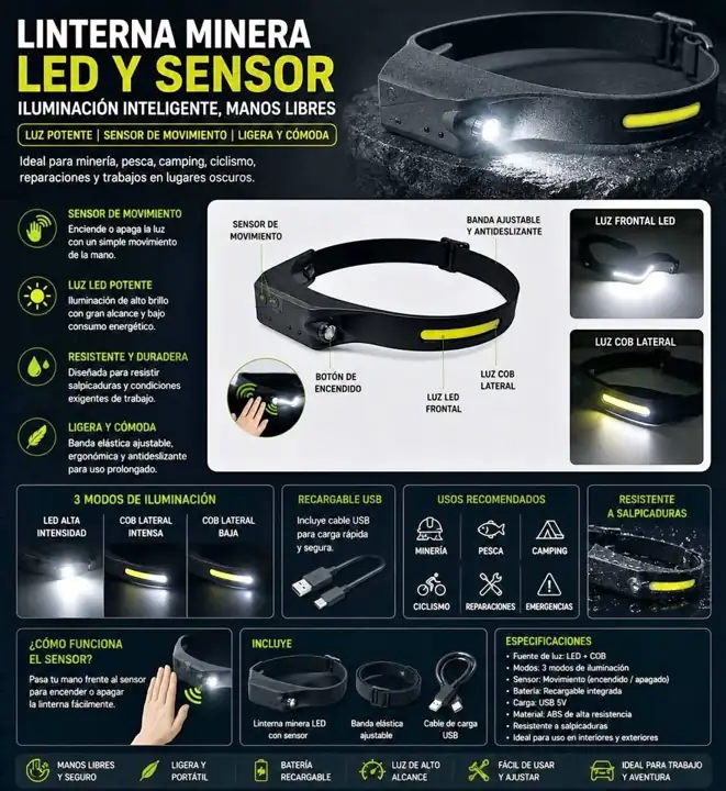Linterna minera LED y sensor