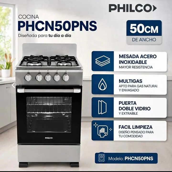 Entrega inmediata cocina Philco multigas 4 hornallas 50CM acero inox