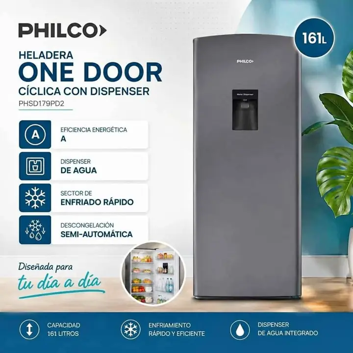 Heladera Philco One Door Cíclica con Dispenser 161L Plata