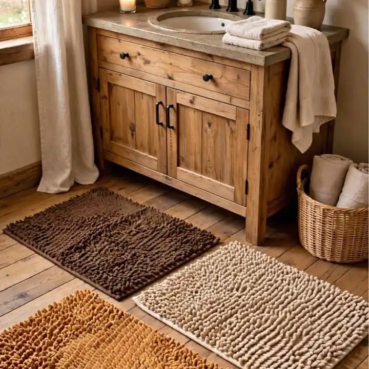 Alfombra chenille tonos marrones Calidez total para tu baño!