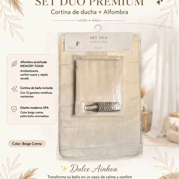 Set dúo premium - kinoro home Cortina de ducha + Alfombra Color: Beige Crema - Estilo Boho