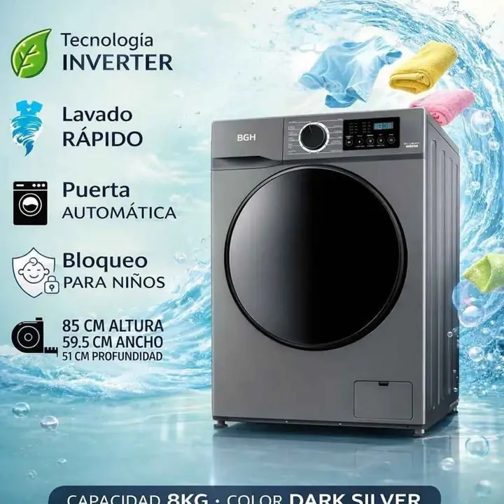 Lavarropa BGH 8KG inverter silver 1400RPM