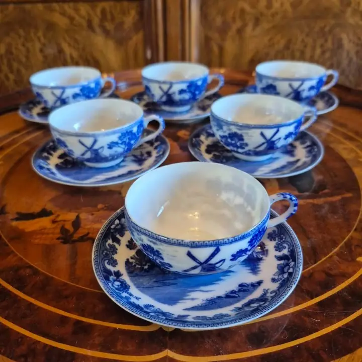 Juego 6 duos café azul y blanco Japan. Cod. 1520