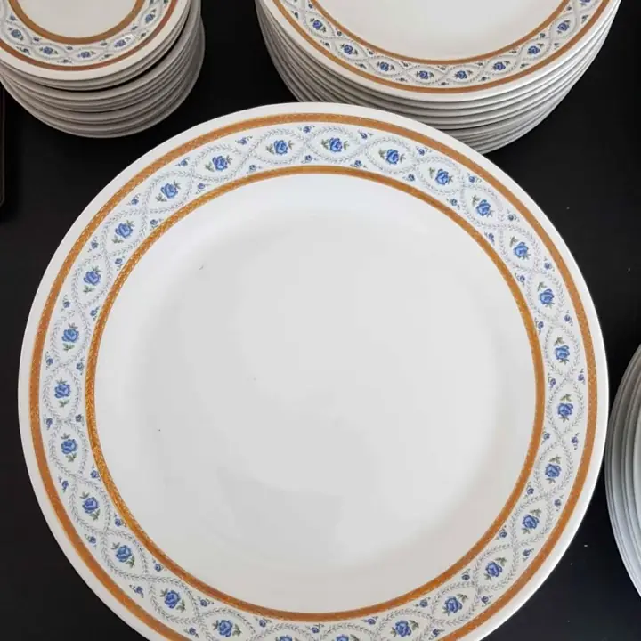 Platos playos (cod 171) y hondos (cod 172) Verbano gusrda oro y rosas rococó celestes. por unidad
