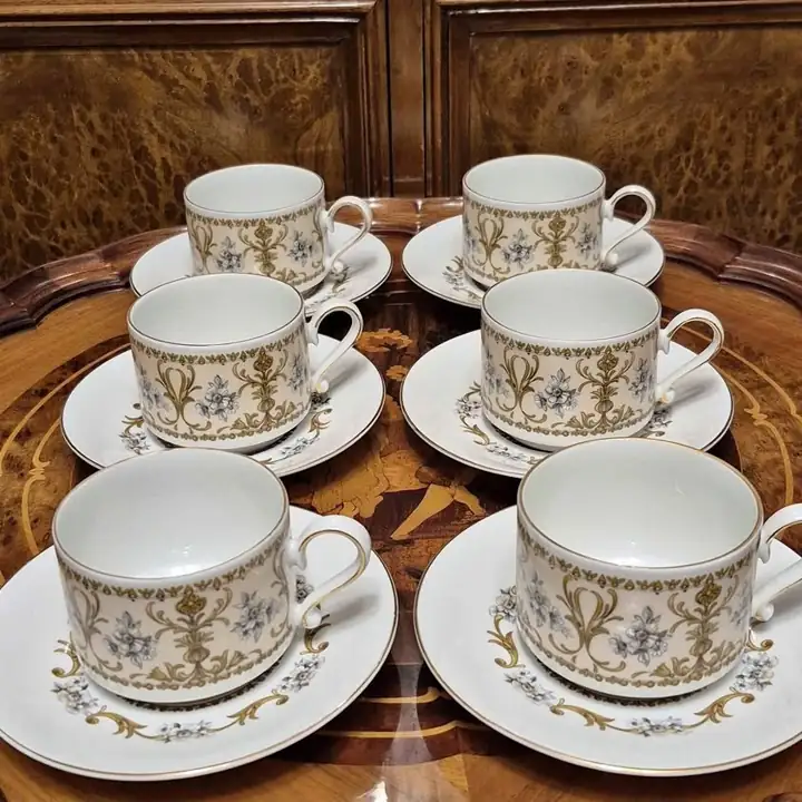 6 Duos de té Verbano flores blancas y guardas. Cod. 1883