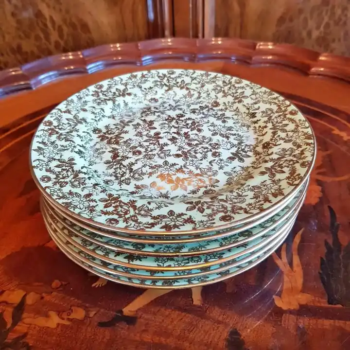 6 Platos para masas/torta verde y oro. Cod. 1055