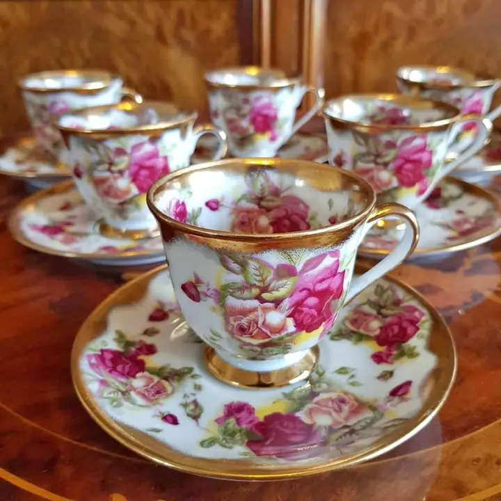 6 Duos de café Tsuji rosas y oro. Cod. 702