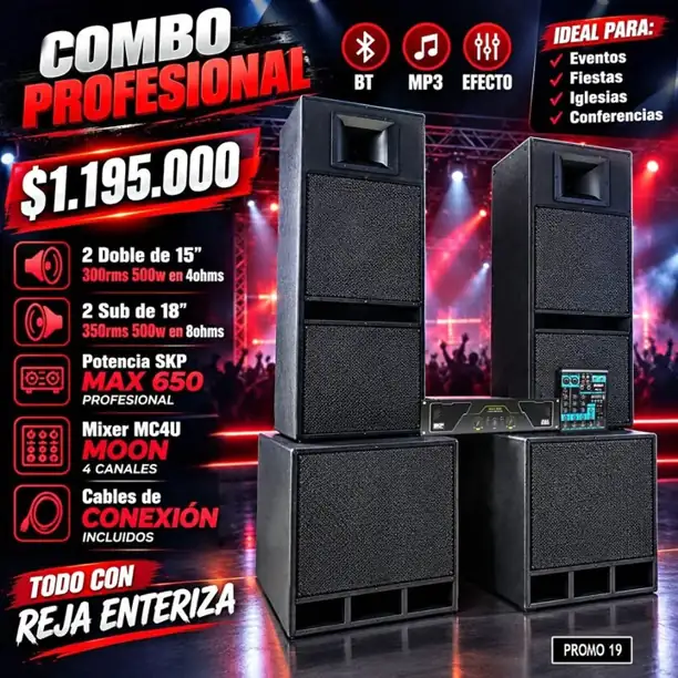 2 Columnas doble de 15'' + 2 sub de 18'' + potencia skp y Mixer