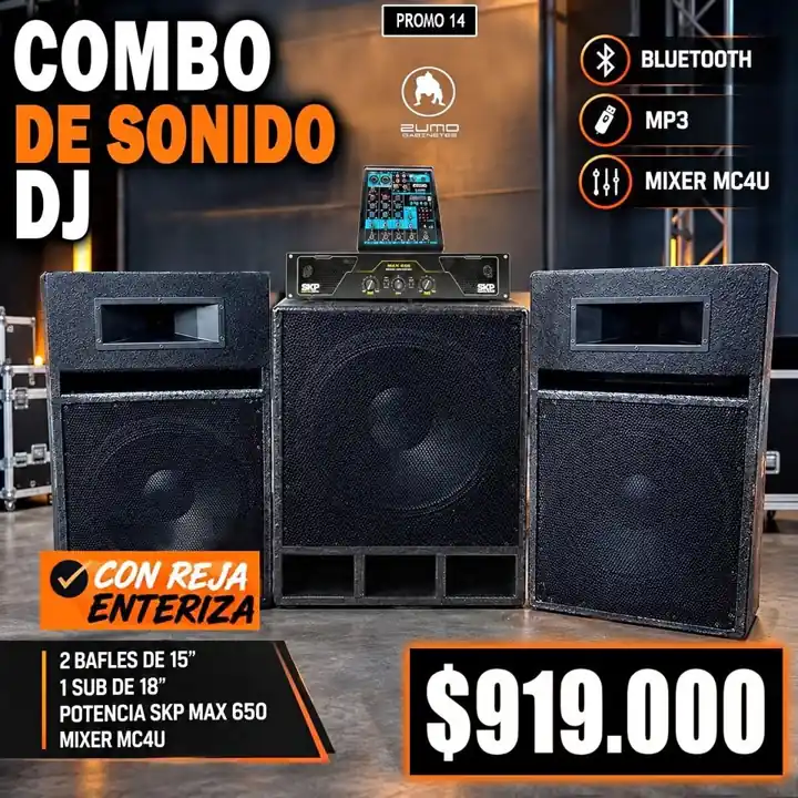 Bafles de 15'' + 1 sub de 18'' + Potencia kp y Mixer con mp3