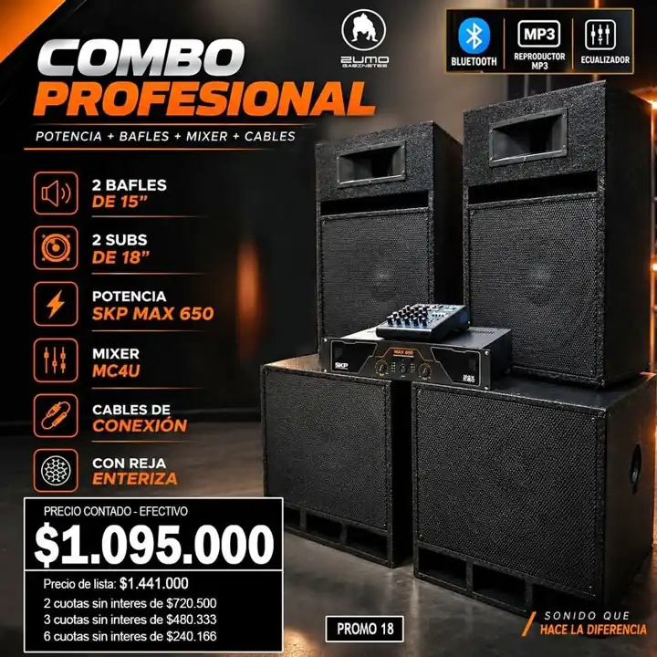 2 Bafles de 15'' + 2 sub de 18'' + Potencia skp y Mixer con mp3
