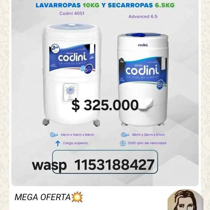 Combo Codini lavarropas 10kg , secarropas 6.5 kg